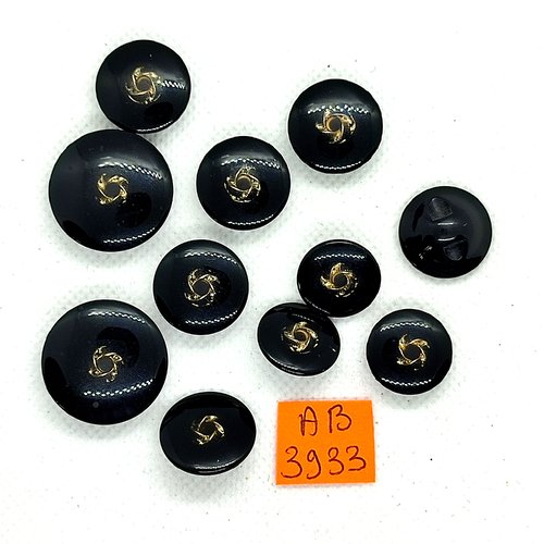 11 boutons en résine noir et doré - 23mm - 18mm et 16mm - ab3933