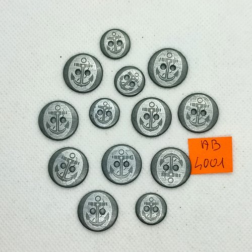 13 boutons en métal argenté - une ancre - 18mm et 14mm - ab4001