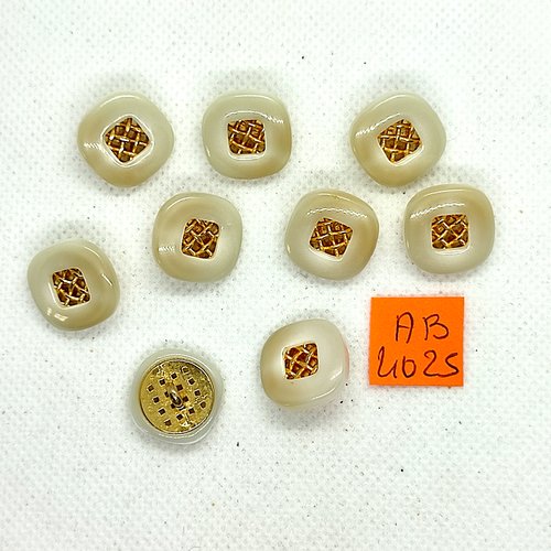 9 boutons en résine beige et métal doré - 16x16mm - ab4025