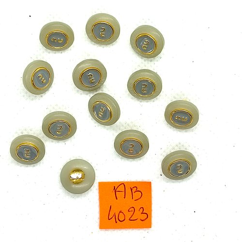 13 boutons en résine gris et doré - 11mm - ab4023