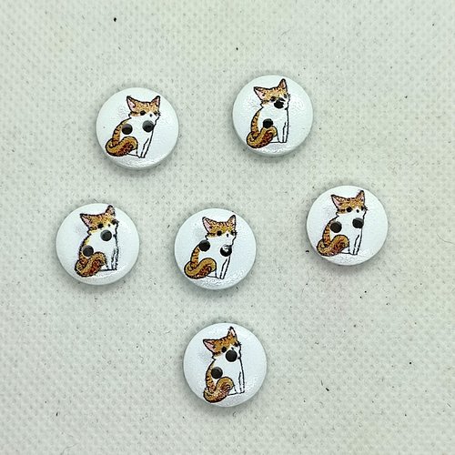 6 boutons en bois fantaisie - chat marron sur fond blanc - 15mm - bri646n1