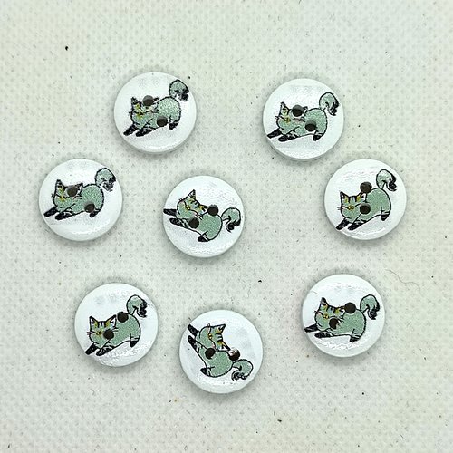 8 boutons en bois fantaisie - chat vert sur fond blanc - 15mm - bri646n2