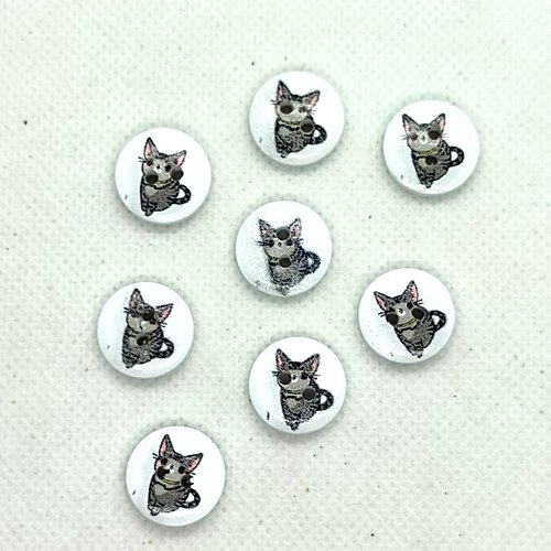 8 boutons en bois fantaisie - chat gris sur fond blanc - 15mm - bri646n6