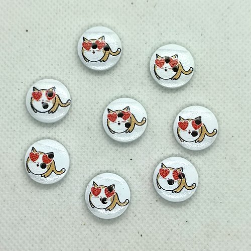 8 boutons en bois fantaisie - chat marron avec coeur rouge sur fond blanc - 15mm - bri646n7