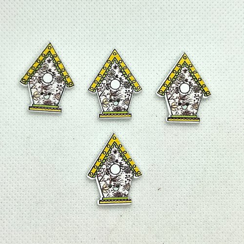 4 boutons en bois fantaisie - maison pour oiseau jaune et multicolore - 21x28mm - bri648n1