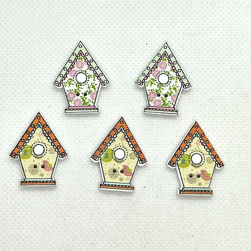 5 boutons en bois fantaisie - maison pour oiseau multicolore - 21x28mm - bri 648n2