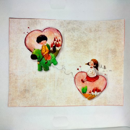 Coupon tissu - fille et garçon sur un coeur - coton épais - 15x20cm