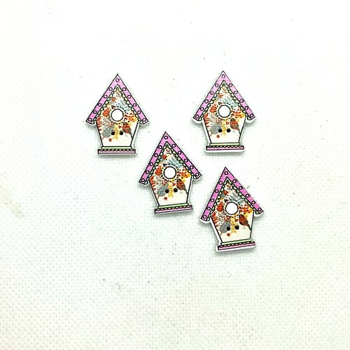4 boutons en bois fantaisie - maison pour oiseau multicolore et rose - 21x28mm - bri 648n7