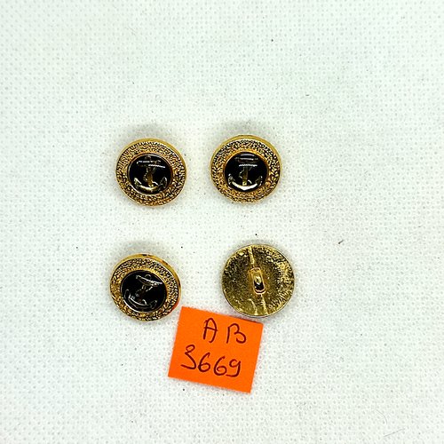 4 boutons en métal doré et résine bleu foncé - une ancre - 15mm - ab3669