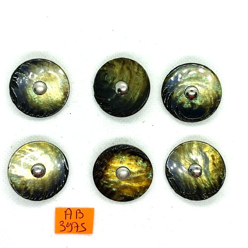 6 boutons en résine vert et argenté - 27mm - ab3975