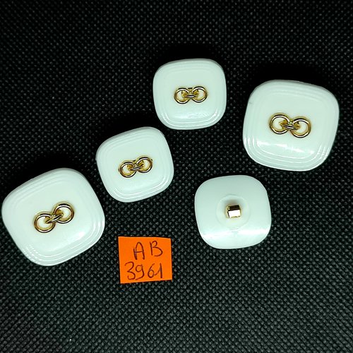 5 boutons en résine blanc et doré - 28x28mm et 23x23mm - ab3961