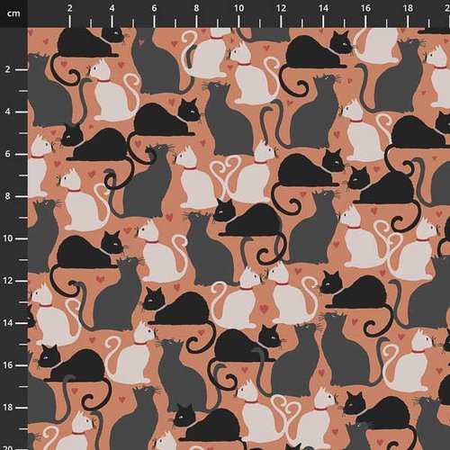 Tissu stof fabrics " fluffy raffi" - silhouette de chat fond orangé  - coton - 10cm/laize