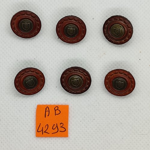6 boutons en cuir marron et métal bronze - vintage - 16mm - ab4293
