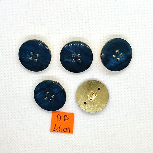 5 boutons en résine bleu et doré - 23mm - ab4401