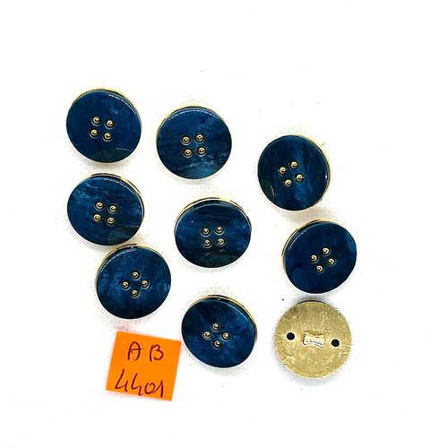 9 boutons en résine bleu et doré - 18mm - ab4401