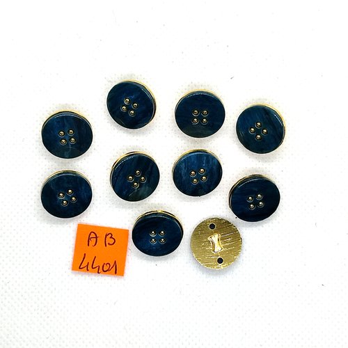 10 boutons en résine bleu et doré - 15mm - ab4401