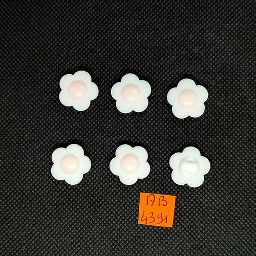 6 boutons en résine blanc et rose pale - fleur - 17mm - ab4391