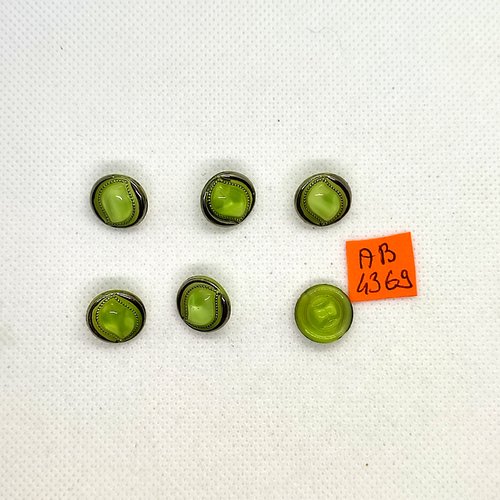 6 boutons en verre vert et argenté - 13mm - ab4369