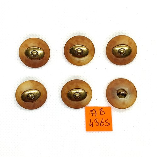 6 boutons en résine beige et métal bronze - 20mm - ab4365