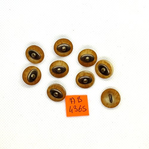 9 boutons en résine beige et métal bronze - 15mm - ab4365