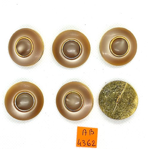 6 boutons en résine beige et doré - 28mm - ab4362