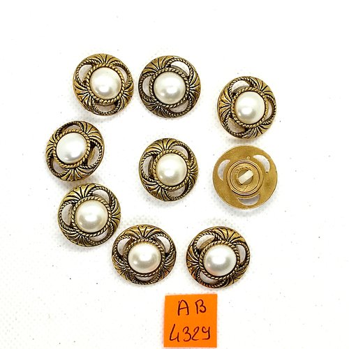 9 boutons en résine doré et cabochon blanc nacré - 21mm - ab4329