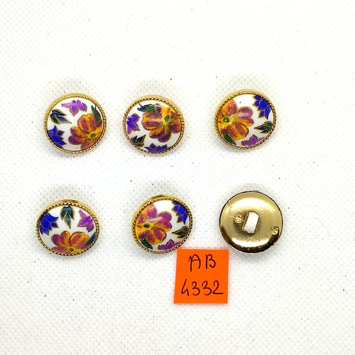 6 boutons en résine doré et fleur multicolore - 20mm - ab4332