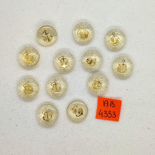 12 boutons en résine transparent et doré - une ancre - 15mm - ab4333