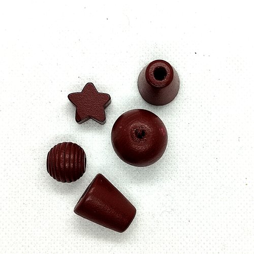 Lot de 5 perles (cone - étoile - ronde) en bois marron - 13mm -15mm et 18mm - 5