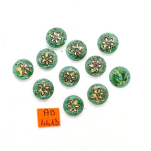 11 boutons en résine vert et doré - 15mm - ab4413