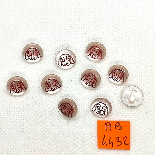 10 boutons en résine transparent et rouge - tete de chien - 12mm - ab4432