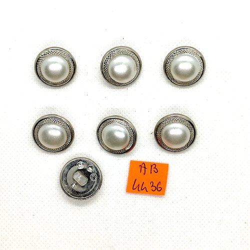 7 boutons en résine blanc nacré et argenté - 19mm - ab4436