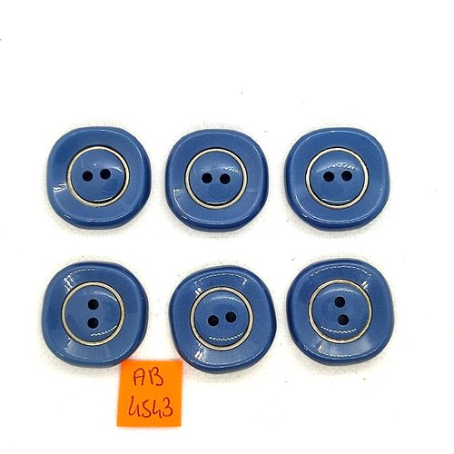 6 boutons en résine bleu/gris avec liserai doré - 27x27mm - ab4543
