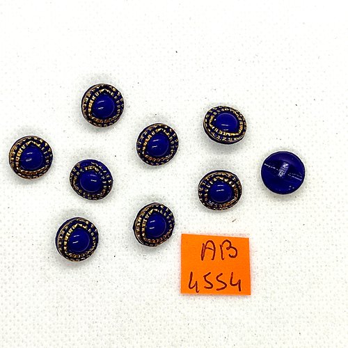 9 boutons en verre bleu et doré - 11mm - ab4554