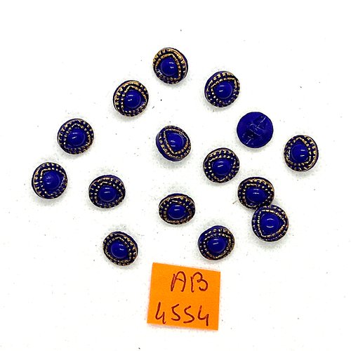 15 boutons en verre bleu et doré - 9mm - ab4554