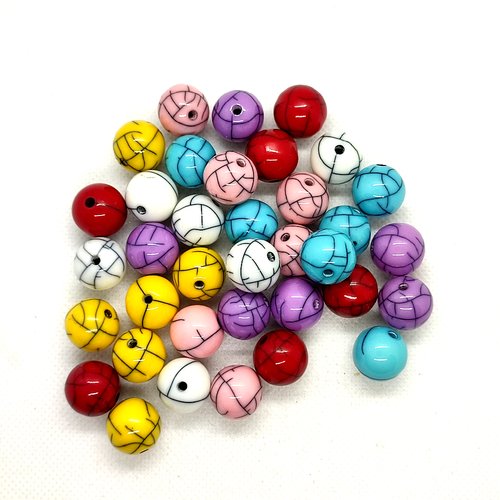 Lot de 36 perles en résine - effet craquelé ronde - multicolore - 15mm