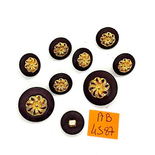 9 boutons en résine violet foncé et doré - 23mm et 15mm - ab4587
