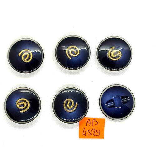 6 boutons en résine bleu foncé et doré - 27mm - ab4589