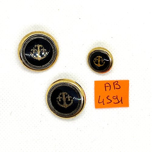 3 boutons en résine doré et bleu foncé - une ancre - 23mm et 15mm - ab4591