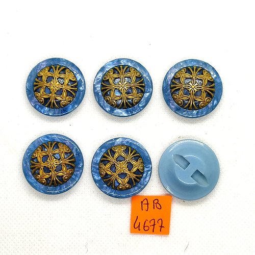 6 boutons en résine bleu et doré - 27mm - ab4677