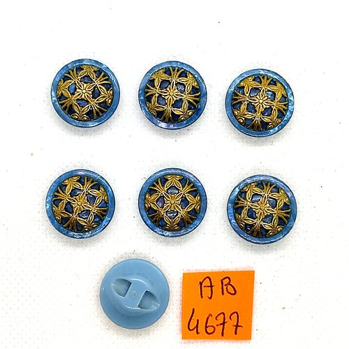 7 boutons en résine bleu et doré - 17mm - ab4677