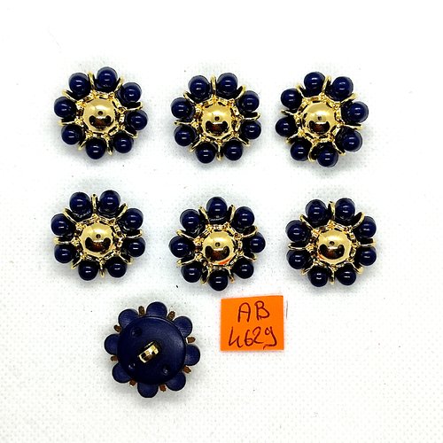 7 boutons en résine bleu foncé et doré - 23mm - ab4629