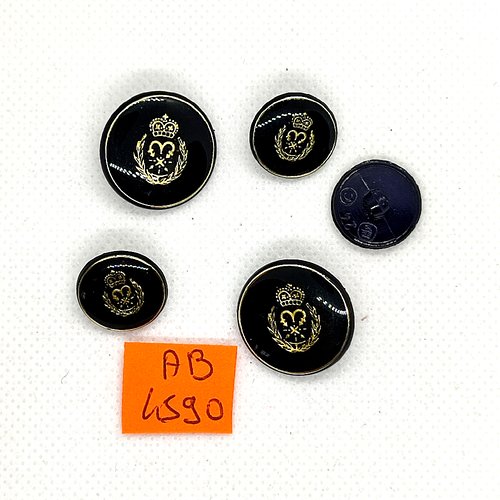 5 boutons en résine bleu foncé et doré - 20mm et 15mm - ab4590