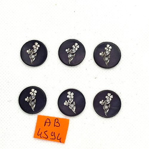 6 boutons en nacre avec fleur gris foncé/marron - 18mm - ab4594