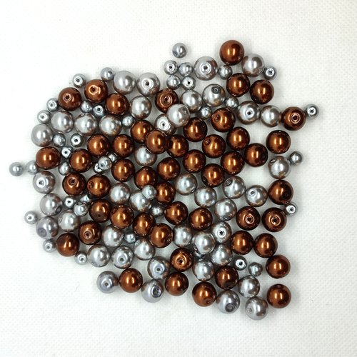 Lot de 132 perles en verre gris et marron - 10mm - 9mm et 6mm