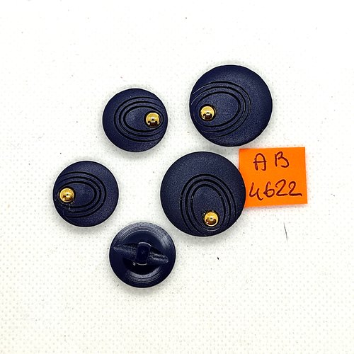5 boutons en résine bleu foncé et doré - 23mm et 18mm - ab4622