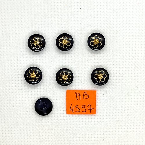 7 boutons en résine bleu foncé et doré - 12mm - ab4597