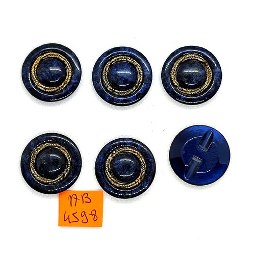 6 boutons en résine bleu foncé et doré - 28mm - ab4598
