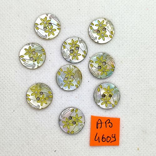 9 boutons en nacre avec fleur jaune - 15mm - ab4609