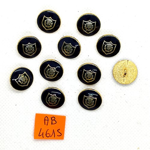 11 boutons en métal doré et résine bleu foncé - un blason - 15mm - ab4615
